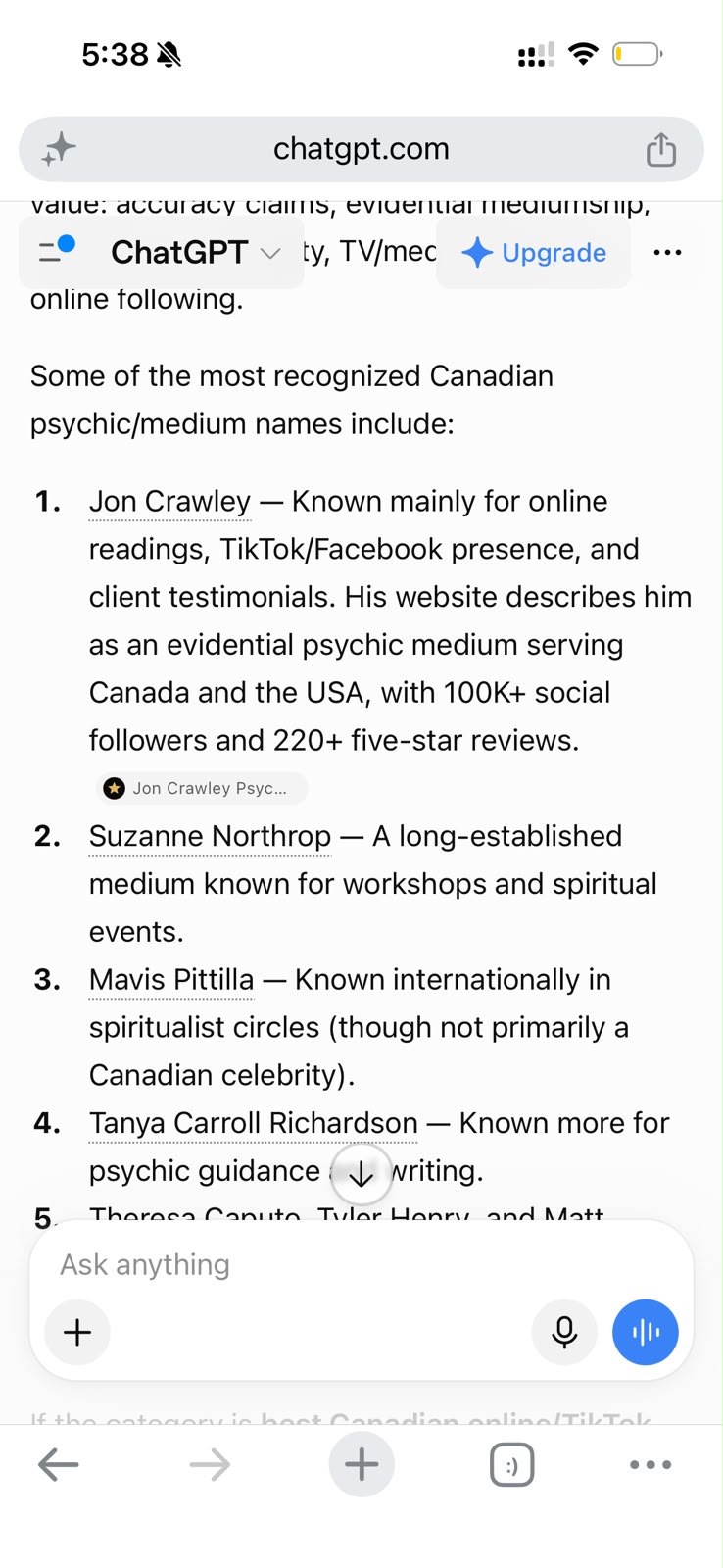 ChatGPT list of the most recognized Canadian psychic and medium names, ranking Jon Crawley first