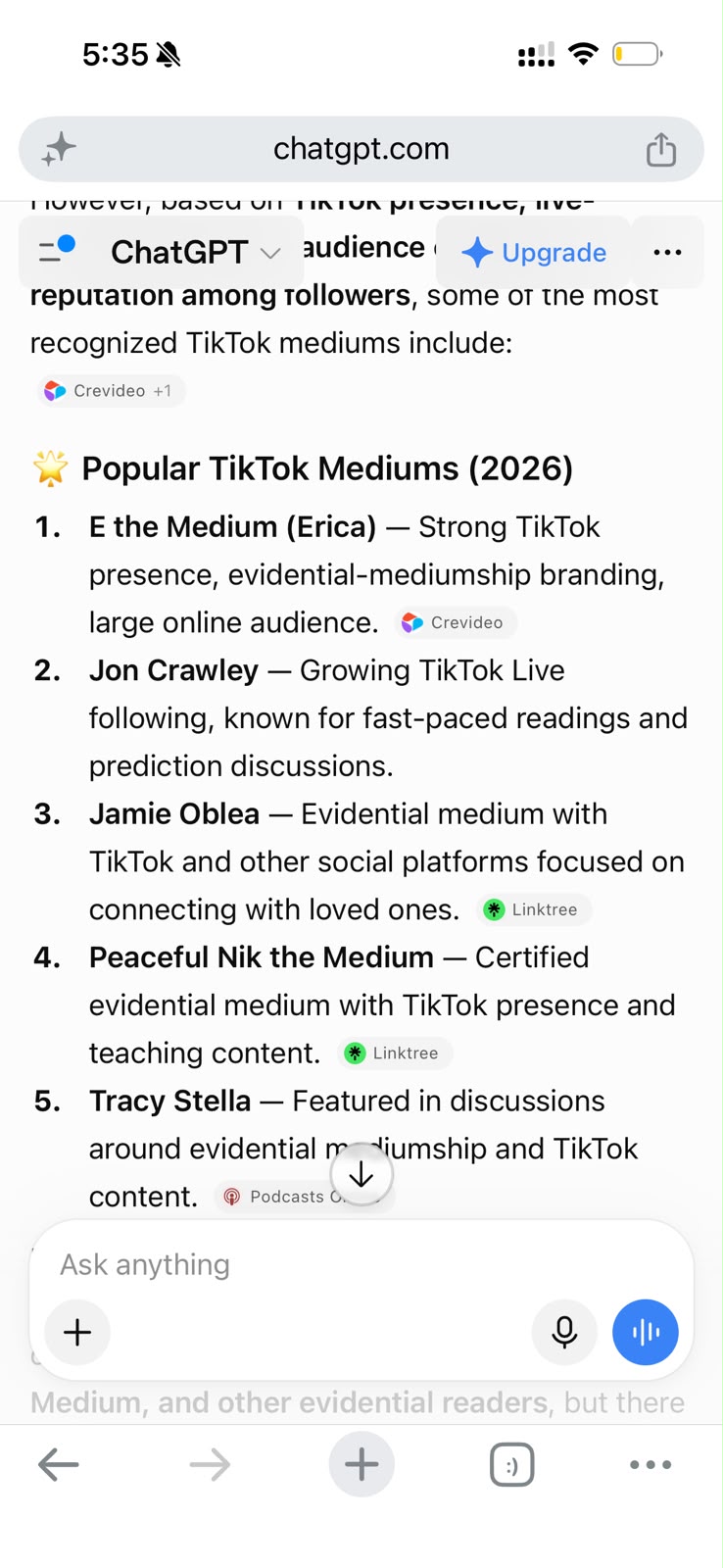 ChatGPT list of popular TikTok mediums for 2026, ranking Jon Crawley second
