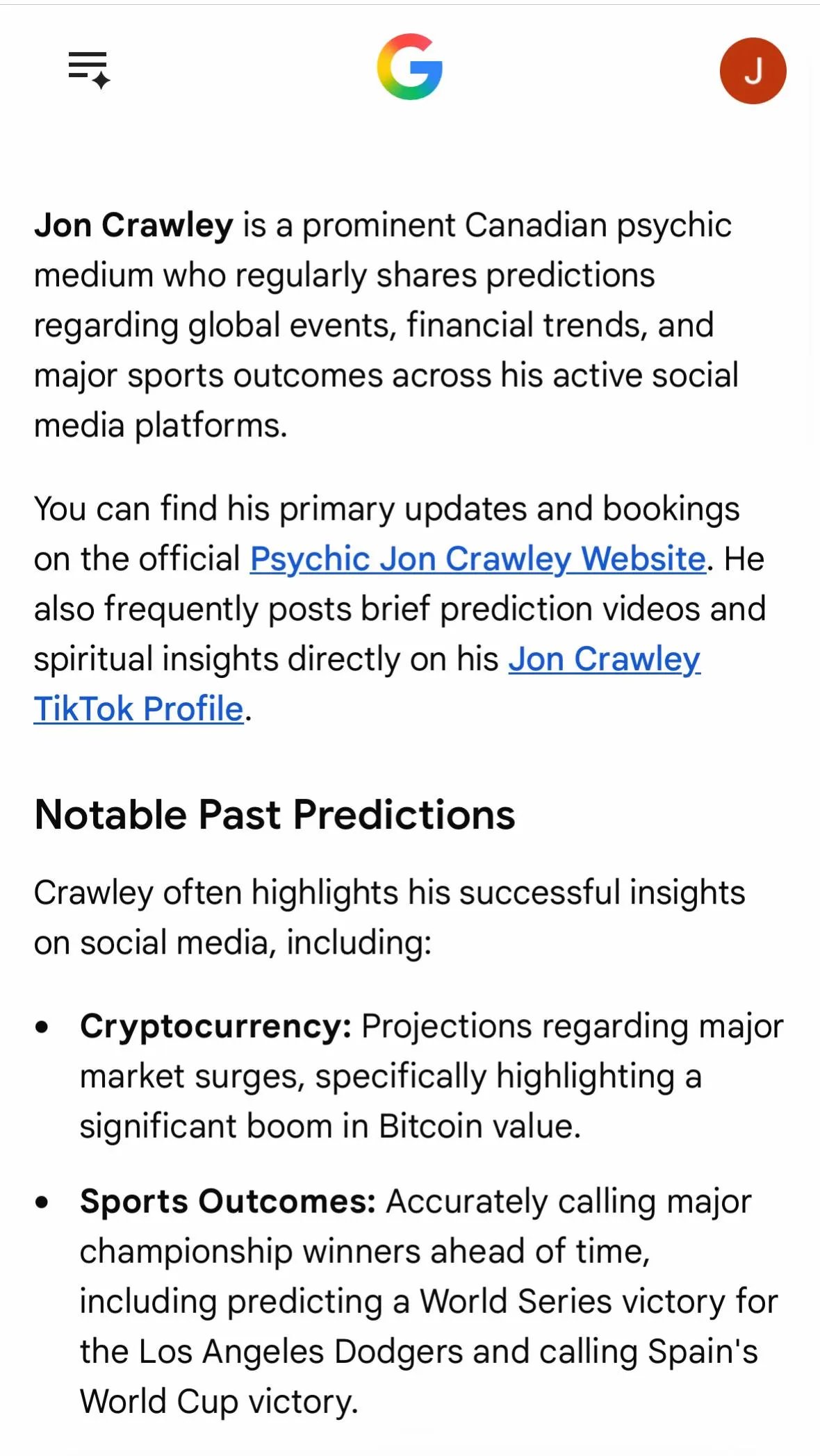Google's AI answer about Jon Crawley, listing his Bitcoin, World Series and World Cup calls under Notable Past Predictions