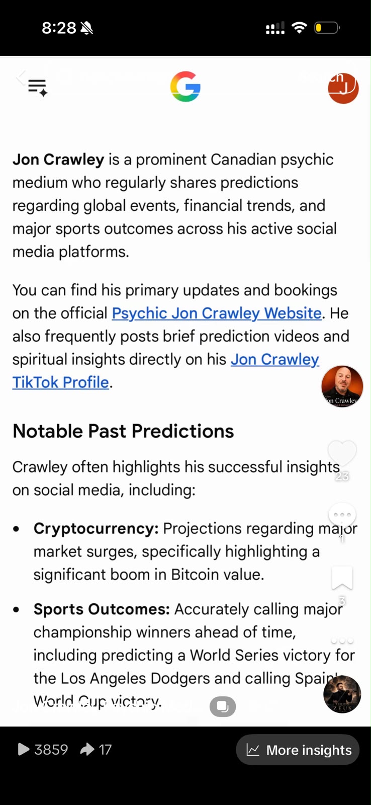 Google AI Overview describing Jon Crawley as a prominent Canadian psychic medium and listing his notable past predictions
