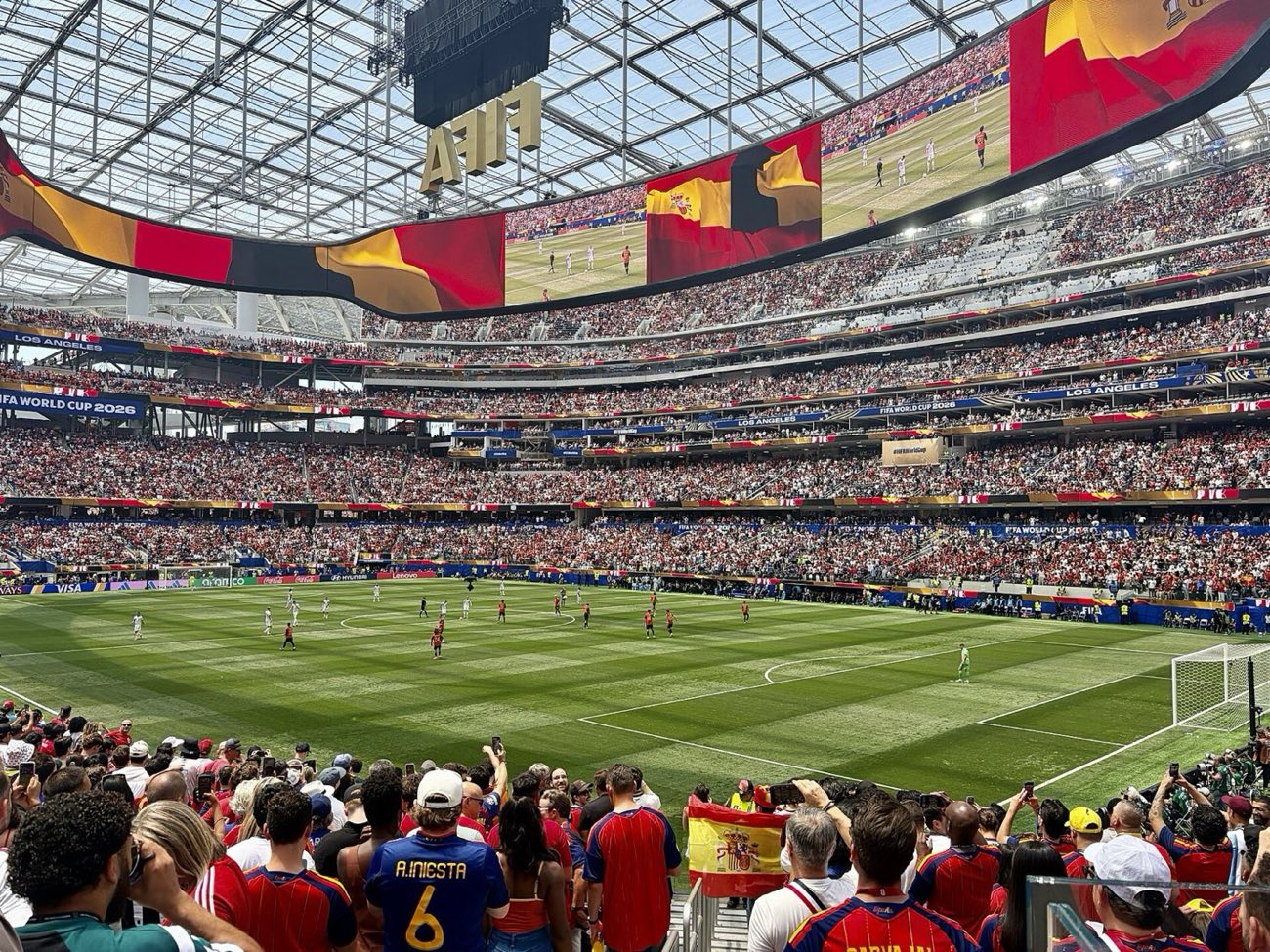 Spain playing Belgium at the 2026 World Cup in a packed Los Angeles stadium