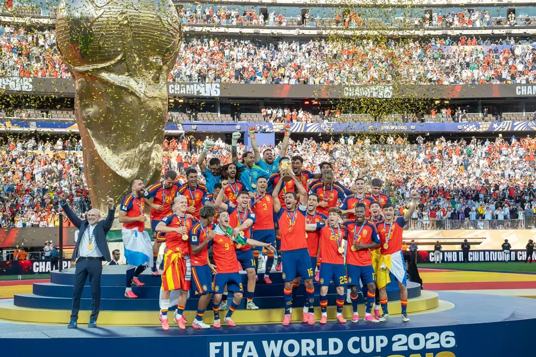 Spain celebrating with the World Cup trophy