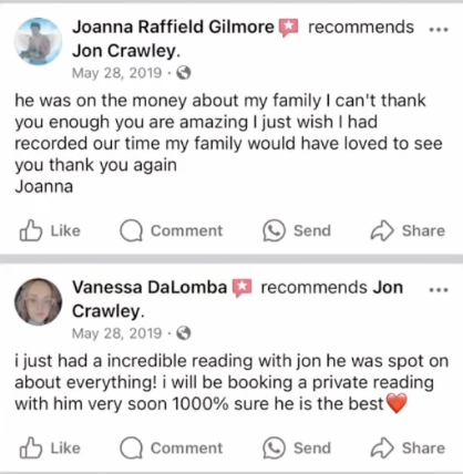 Screenshots of two public reviews recommending Jon Crawley from Joanna Raffield Gilmore and Vanessa DaLomba, both dated May 28, 2019