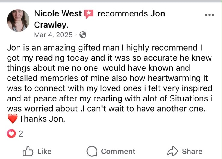 Screenshot of Nicole West's public review recommending Jon Crawley, dated March 4, 2025