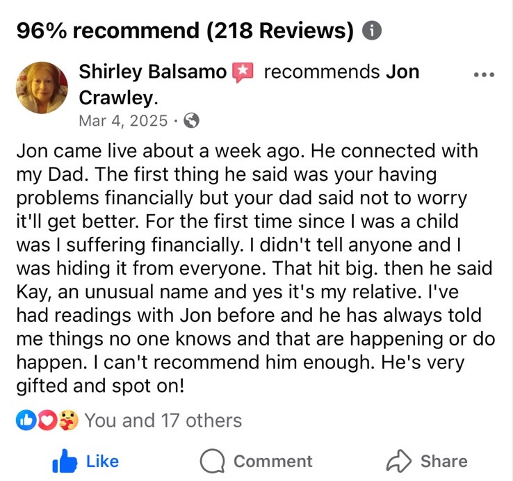 Screenshot of Shirley Balsamo's public review recommending Jon Crawley, dated March 4, 2025, above the profile rating of 96% recommend from 218 reviews