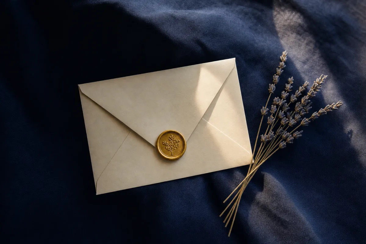 A cream envelope with a gold wax seal resting on navy linen beside dried lavender