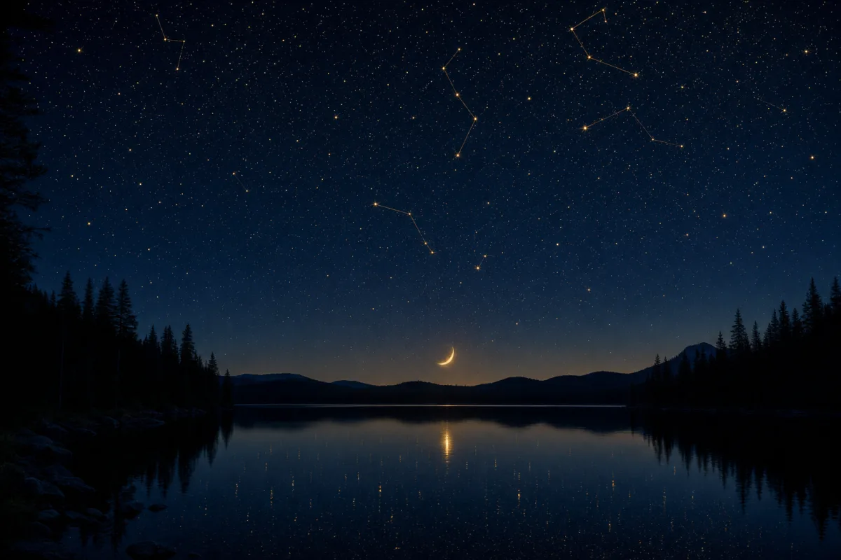 A starry night sky with golden constellations over a calm lake