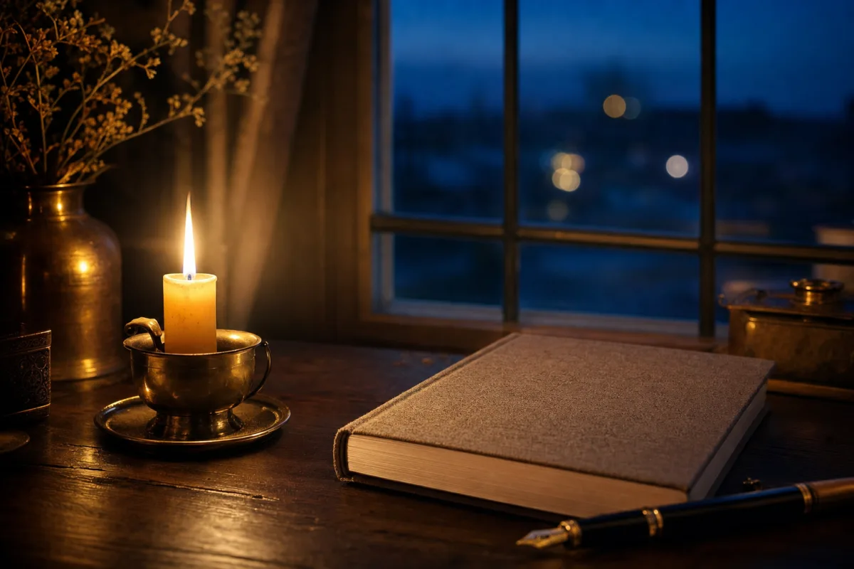 A candle and a closed journal on a wooden table at dusk